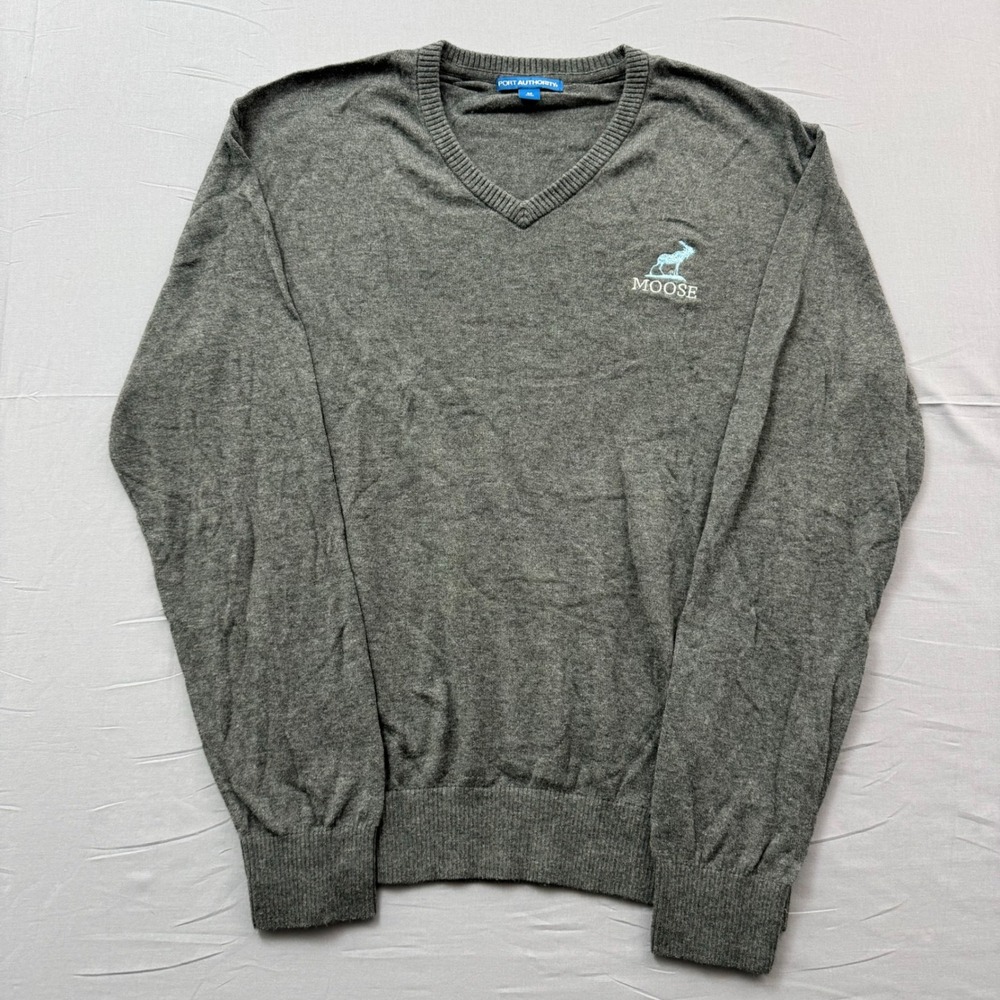 Port Authority Men V-Neck Sweater Moose‎ Logo Embroidered Size M Heather Gray